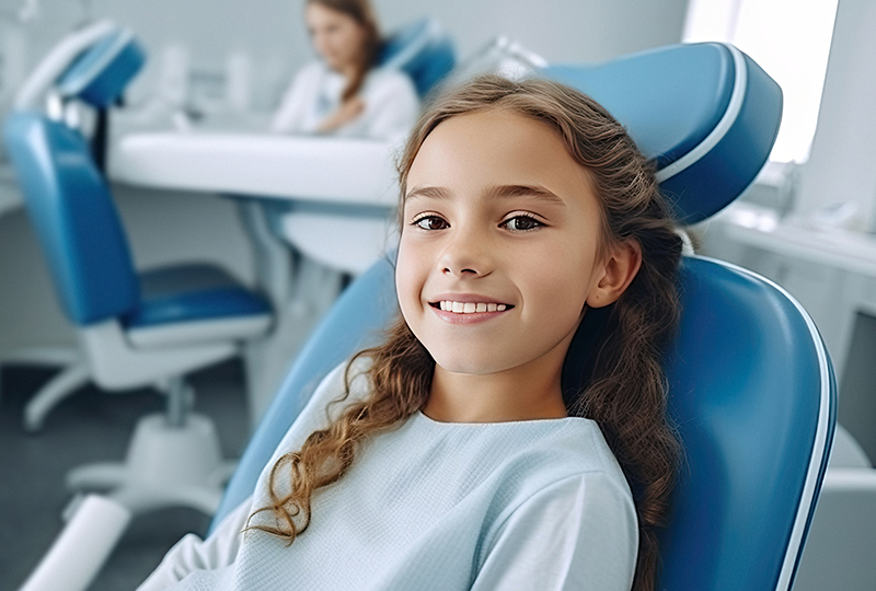 Young girl with a beautiful smile thanks to her Invisalign treatment. She is sitting in a dental office.
